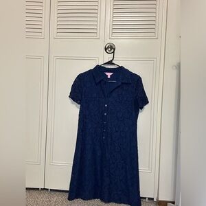 Lilly Pulitzer Blue Lace Shift Dress with Collared and Buttons on Front Size 2